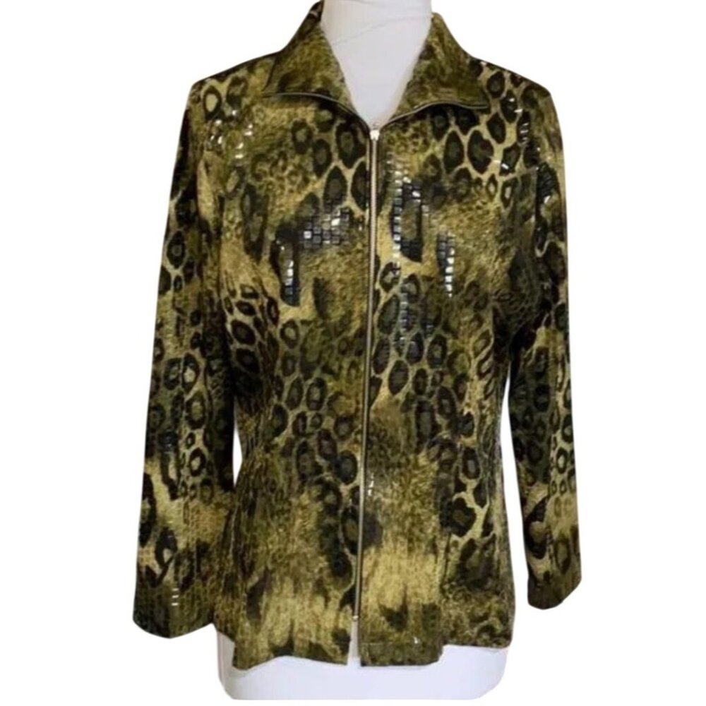 EXCLUSIVELY MISOOK Womens Large Full Zip Leopard Print Paillettes Sequin Jacket